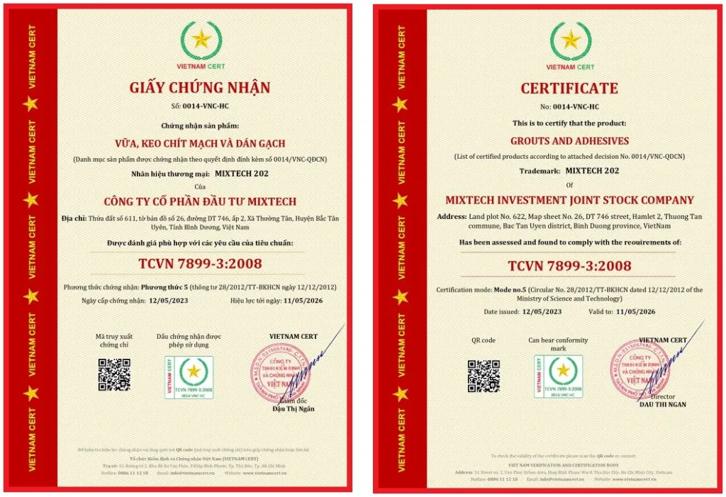 Cấp chứng nhận hợp chuẩn Vữa chít mạch và Vữa xây dựng cho công ty MIXTECH 2 chung nhan vua dan gach