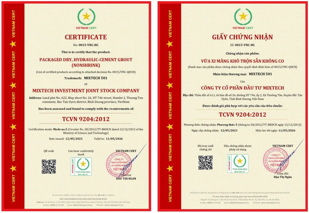 Cấp chứng nhận hợp chuẩn Vữa chít mạch và Vữa xây dựng cho công ty MIXTECH 1 chung nhan vua xay dung