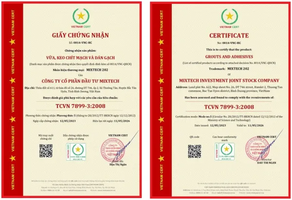 Cấp chứng nhận hợp chuẩn Vữa chít mạch và Vữa xây dựng cho công ty MIXTECH