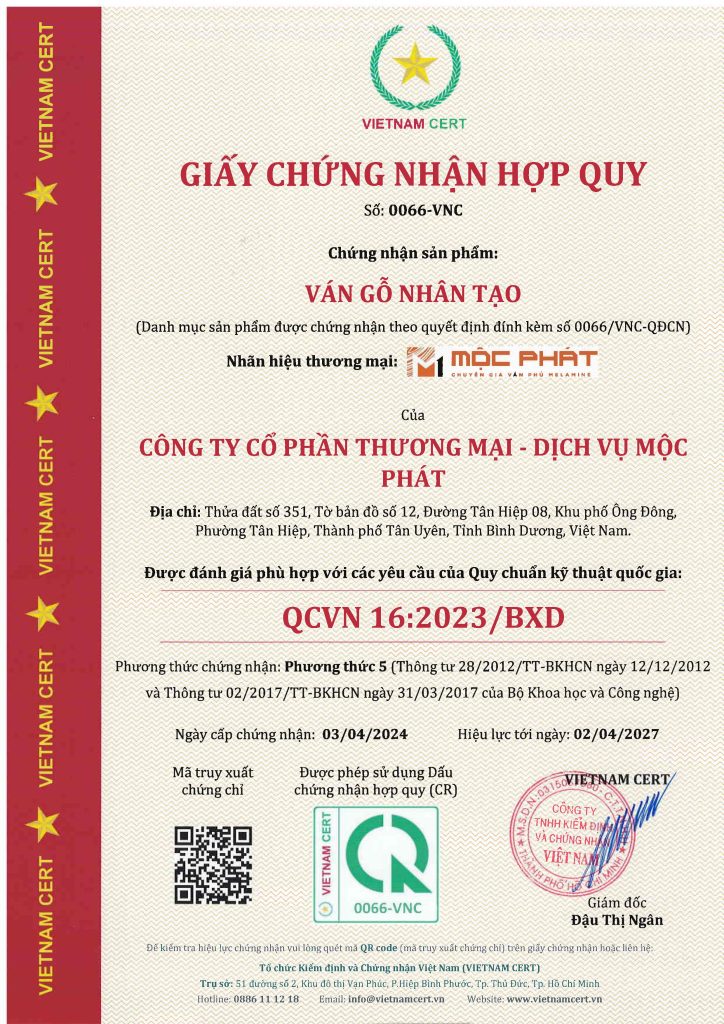 Chứng nhận hợp quy ván gỗ nhân tạo cho Công ty Mộc Phát
