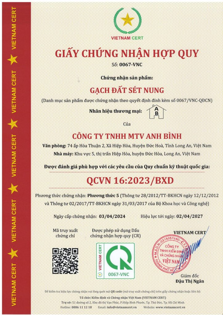 Chứng nhận hợp quy gạch đất sét nung cho Công ty Anh Bình 3 Chứng nhận hợp quy gạch đất sét nung cho Công ty Anh Bình