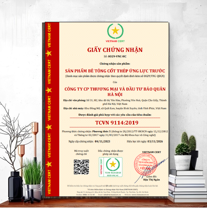 Chứng nhận ISO 9001 và cấu kiện bê tông đúc sẵn theo TCVN 9114 cho công ty Bảo Quân Hà Nội
