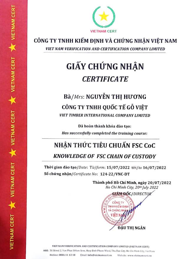 Công ty Gỗ Việt đạt chứng nhận FSC CoC 3 Chứng chỉ đào tạo FSC do Vietnam Cert cấp