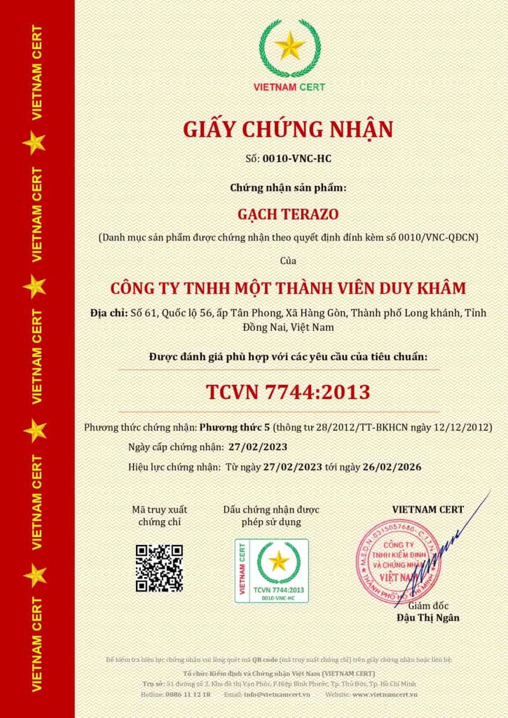 Chứng nhận hợp chuẩn gạch Terazo Duy Khâm do Vietnam Cert cấp