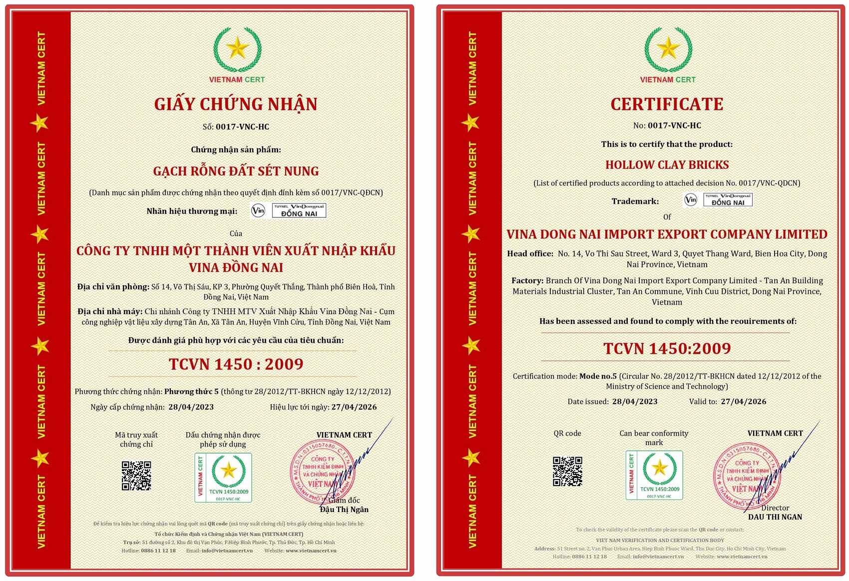 Chứng nhận hợp chuẩn gạch đất sét nung cho công ty Vina Đồng Nai