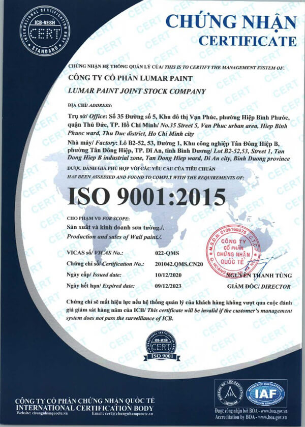 Chứng nhận hợp quy sơn và ISO 9001 cho công ty Lumar Paint