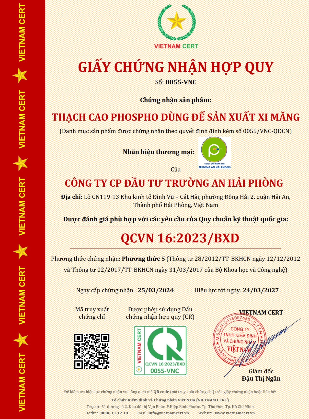 Chứng nhận hợp quy thạch cao phospho dùng để sản xuất xi măng cho Công ty Trường An Hải Phòng