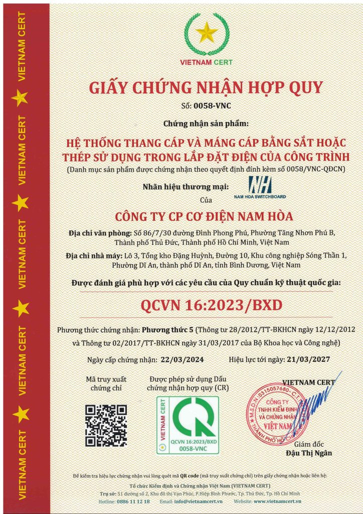Chứng nhận hợp quy thang máng cáp cho Công ty Nam Hòa