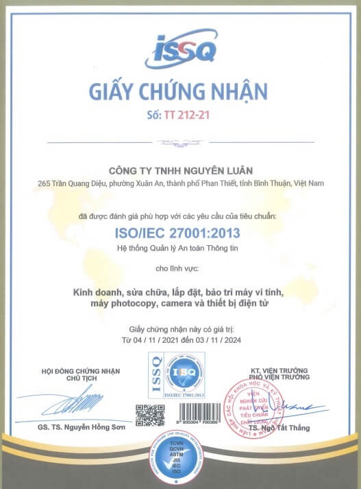 Chứng chỉ ISO 27001 của công ty Nguyên Luân - Vietnam Cert