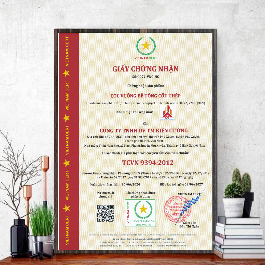 Cọc vuông bê tông của công ty Kiên Cường đạt chứng nhận hợp chuẩn