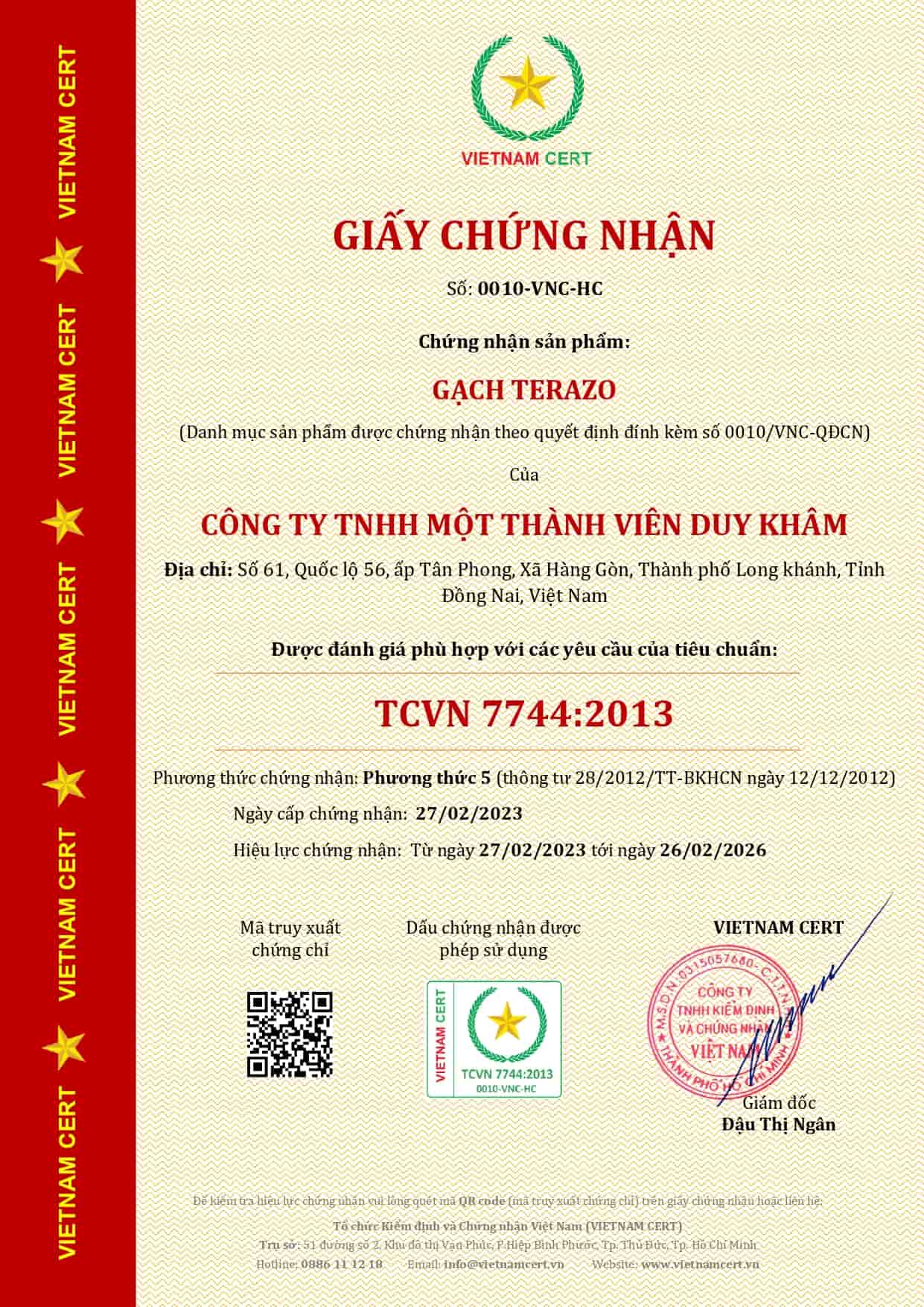 Công ty gạch Duy Khâm đạt chứng nhận hợp chuẩn hợp quy và ISO 9001