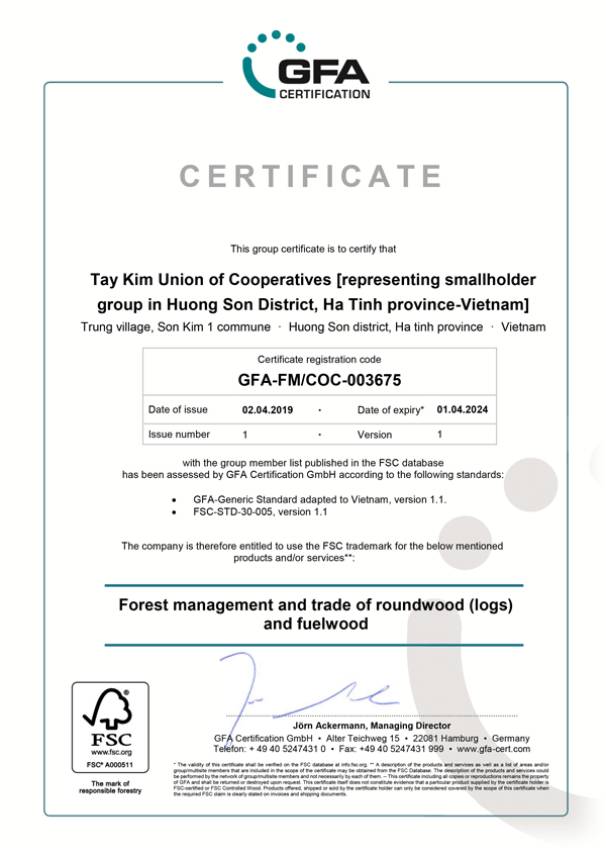 HTX Tây Kim được cấp chứng chỉ rừng FSC