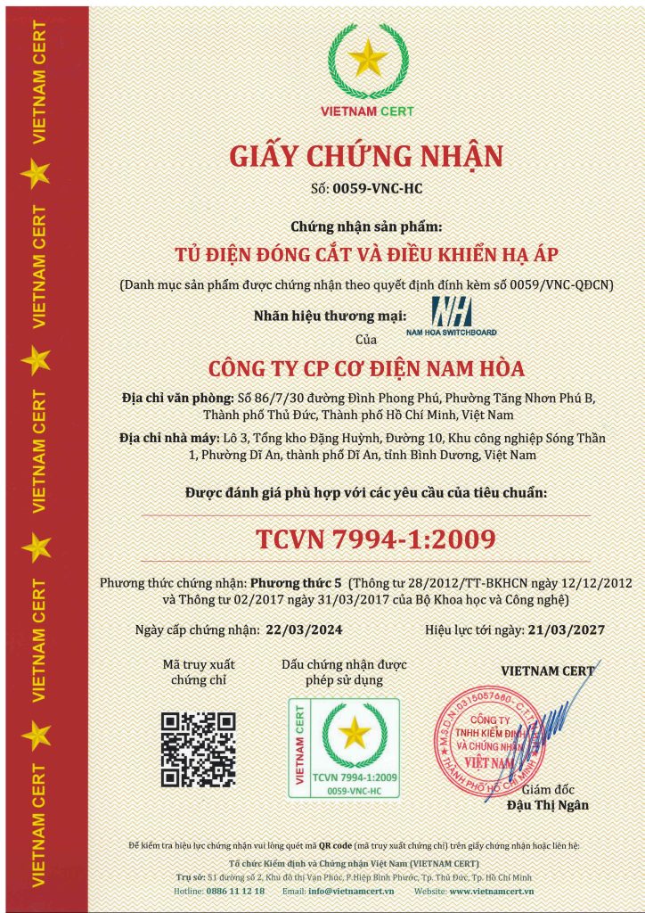Chứng nhận TCVN 7994-1 cho tủ điện của Công ty Nam Hòa