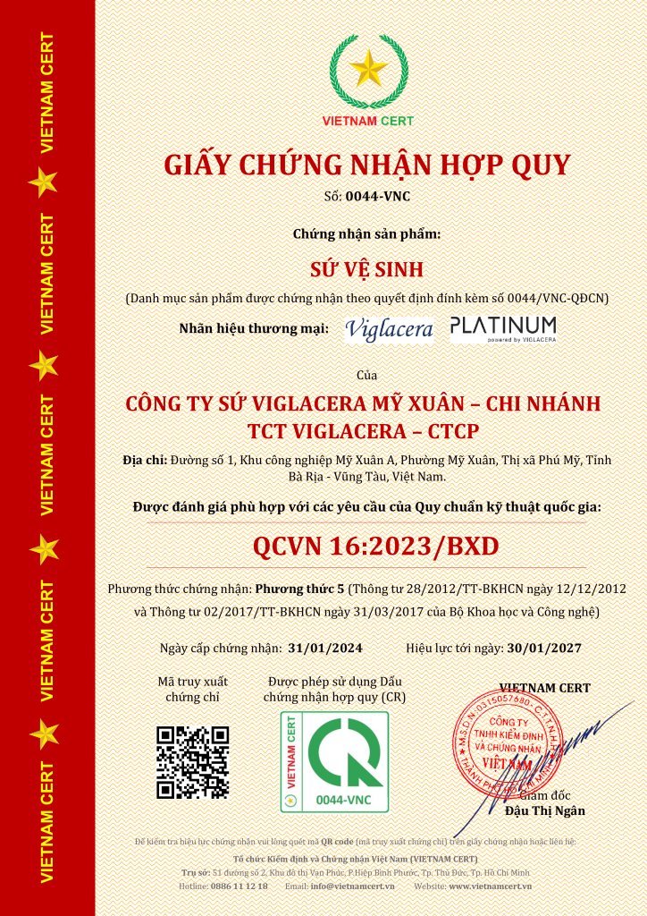 Chứng nhận hợp quy sứ vệ sinh cho Công ty sứ VIGLACERA MỸ XUÂN