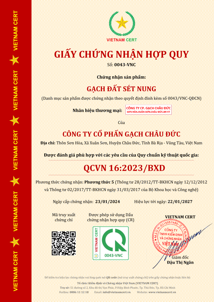 Gạch đất sét nung của công ty Châu Đức đạt chứng nhận hợp quy