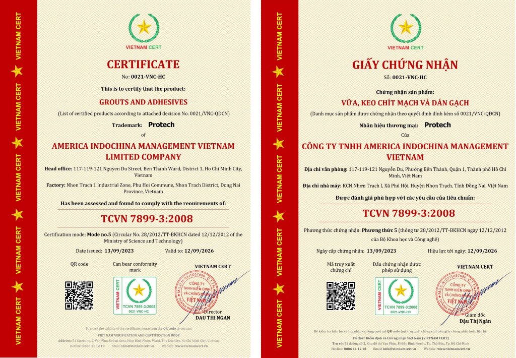 Chứng nhận Tiêu chuẩn TCVN 7899-3 cho Keo chà ron của công ty AIM