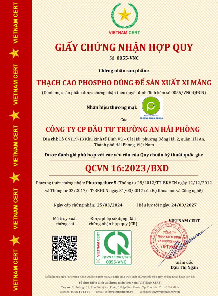 Chứng nhận hợp quy thạch cao phospho dùng để sản xuất xi măng cho Công ty Trường An Hải Phòng