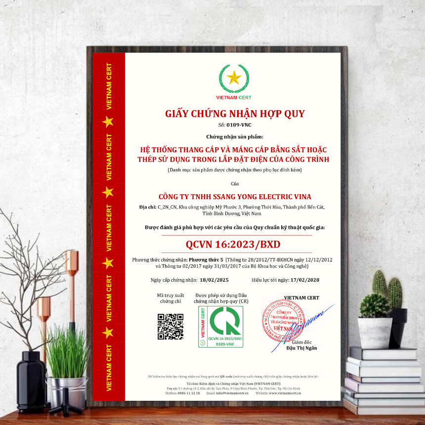 Thang cáp và máng cáp của SSANG YONG ELECTRIC VINA đạt chứng nhận hợp quy theo QCVN 16:2023/BXD