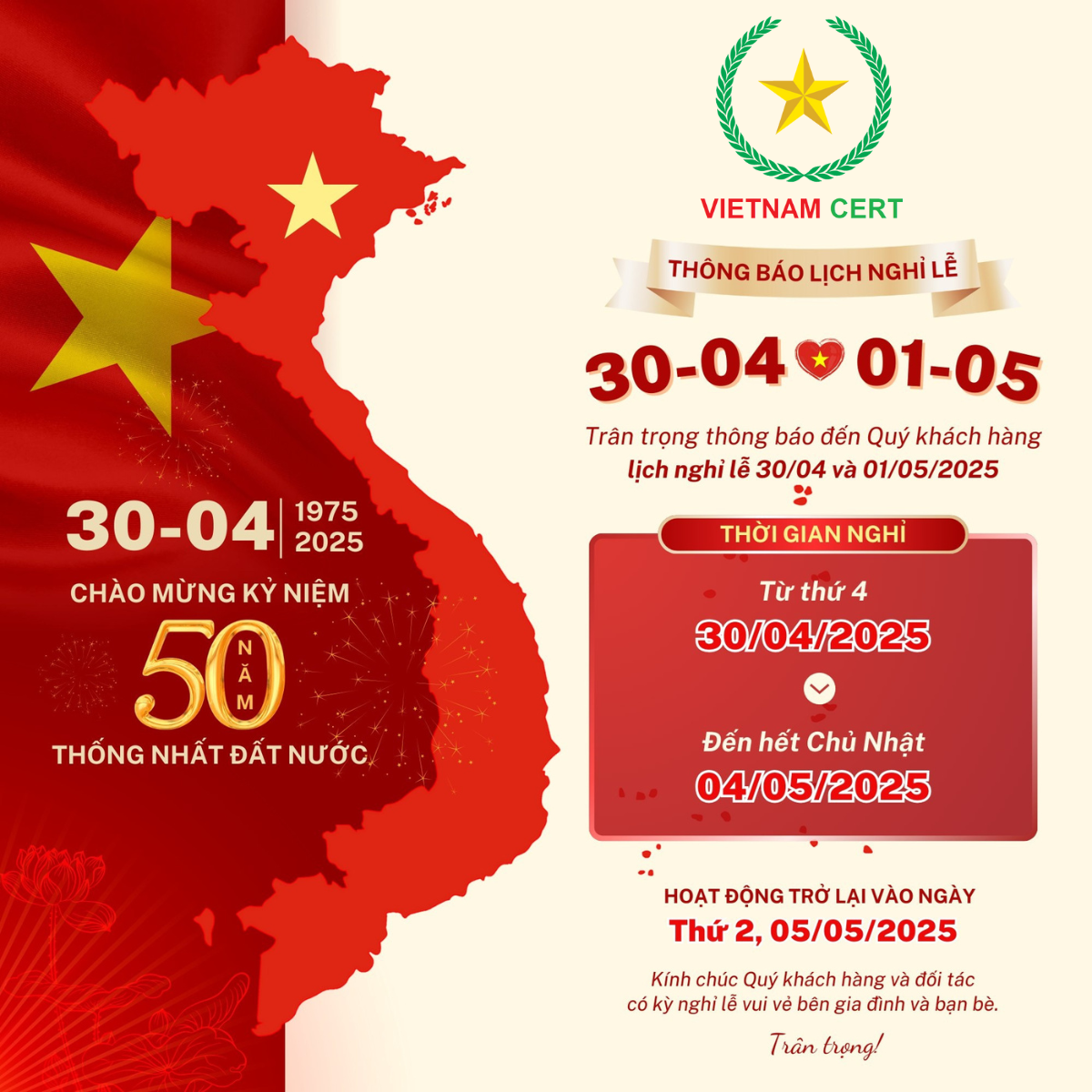 THÔNG BÁO LỊCH NGHỈ LỄ 30/4 – 1/5