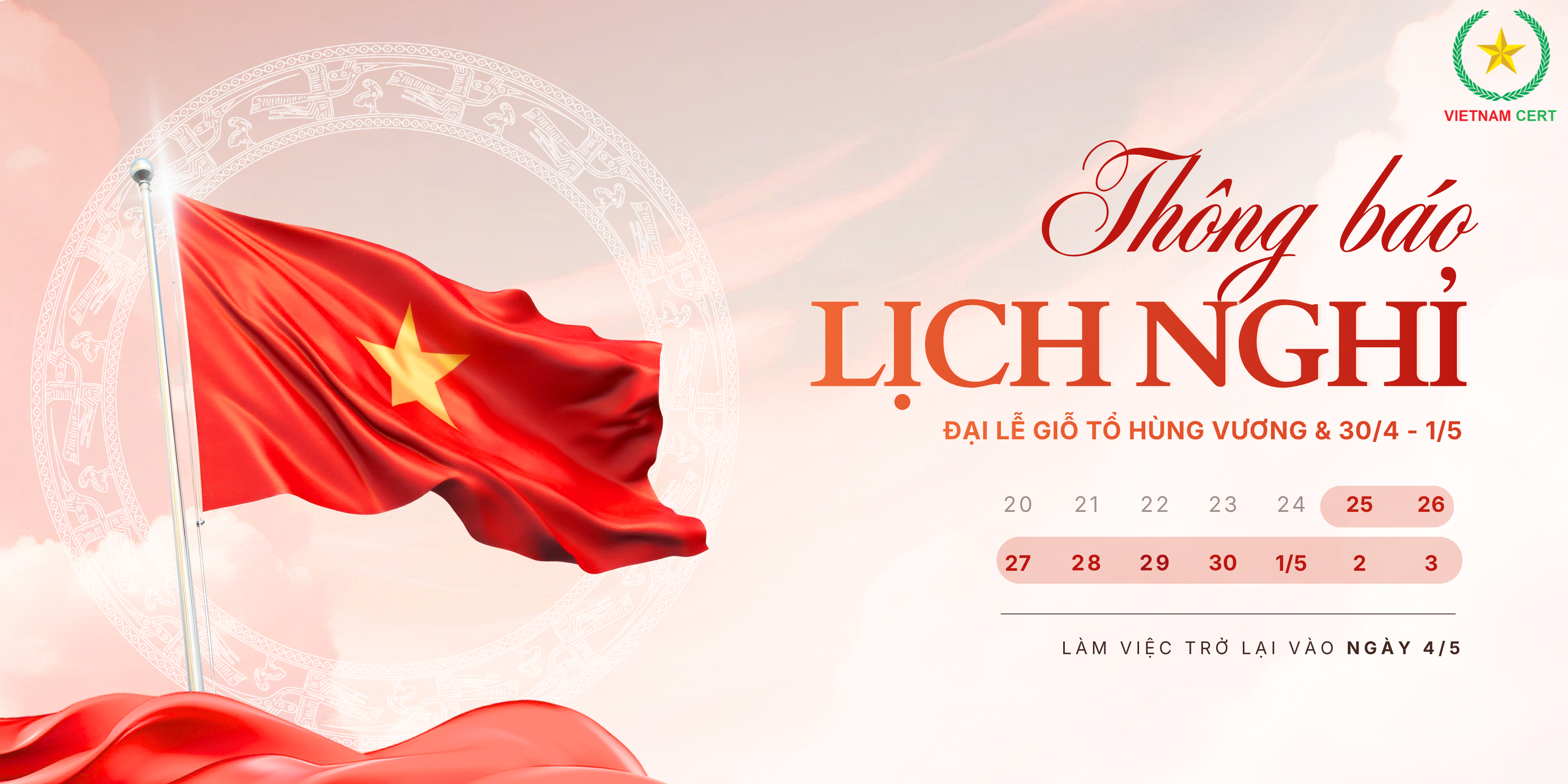 THÔNG BÁO LỊCH NGHỈ LỄ GIỖ TỔ HÙNG VƯƠNG – 30/4 & 1/5 NĂM 2026