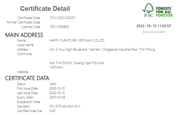 Thông tin Công ty HAPPY FURNITURE đạt chứng nhận FSC trên website của tổ chức FSC
