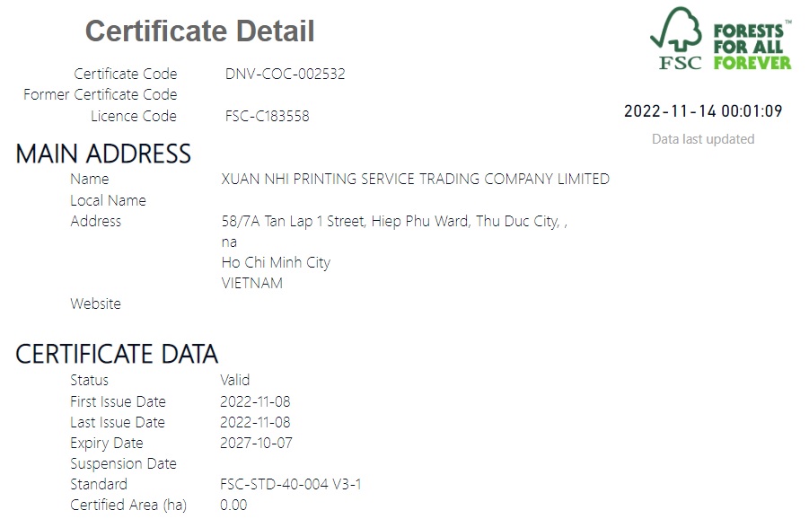 Thông tin Công ty In ấn Xuân Nhi đạt chứng nhận FSC trên website tổ chức FSC