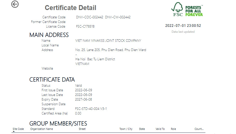 VINAKISS đạt chứng nhận FSC CoC